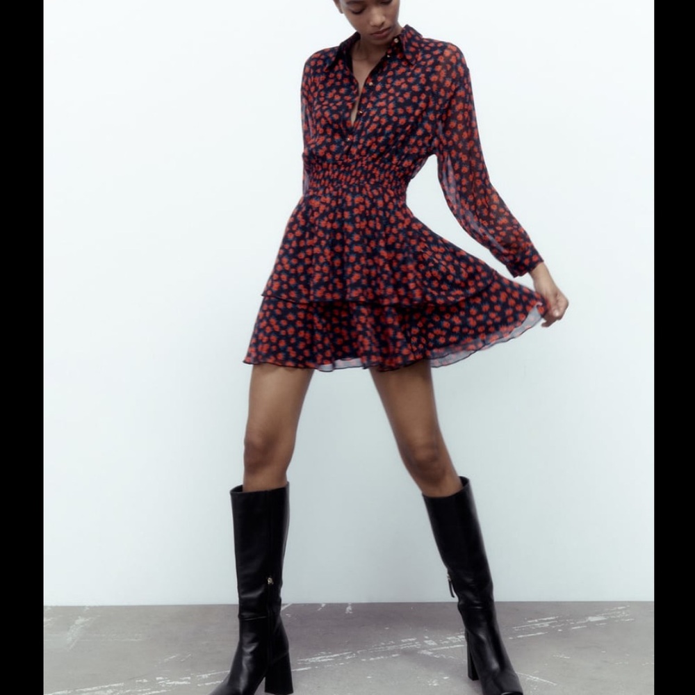 NWT Zara Black & Red Floral Long Sleeve Mini Dress XS
